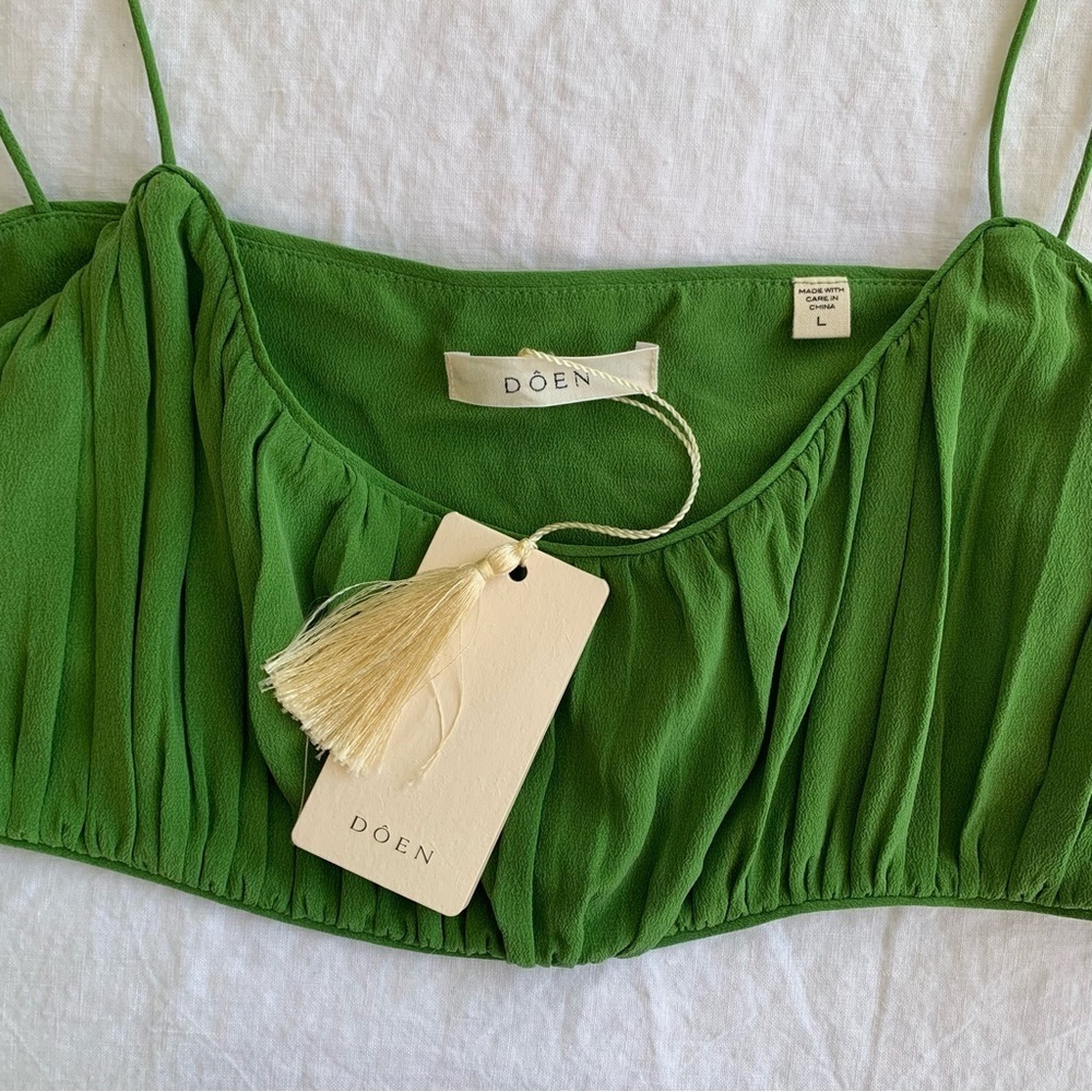 NWT Doen Amora Silk Ruched Cami Camisole Crop Tank Top Evergreen Green - Picture 8 of 13